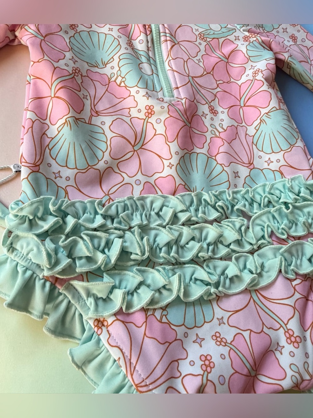 Caden Lane Pink & Mint Seashell Ruffle Rashguard One-Piece - Picture 4 of 7